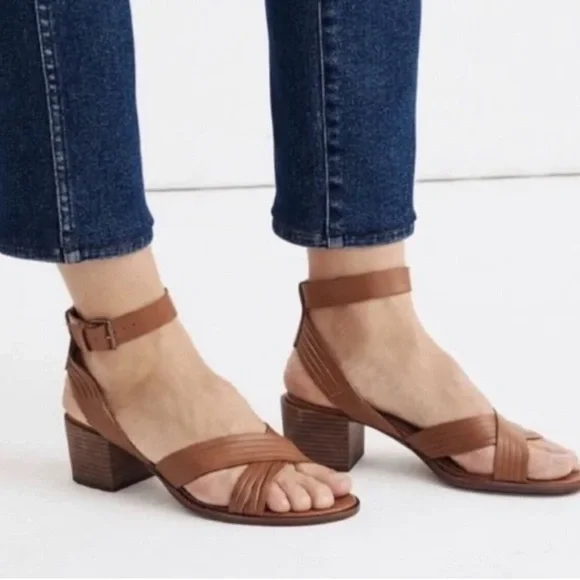 Madewell | Brown Cognac Tan Leather Sandals Heels Strappy - Picture 2 of 12